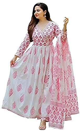 meera fab women's cotton printed kurta with palazzo & dupatta set, pink 2xl