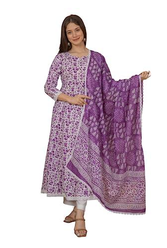 meera fab women's cotton printed lavender anarkali kurta with palazzo & dupatta set