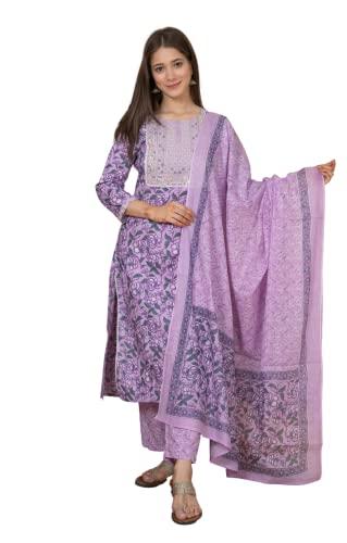 meera fab women's cotton printed purple printed straight embroidery kurta with palazzo & dupatta set