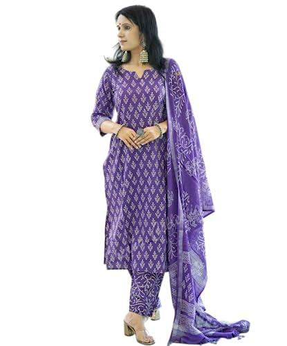 meera fab women's cotton printed straight kurta with palazzo & dupatta set, purple 2xl