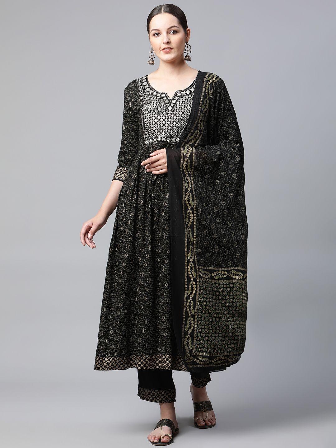 meera fab women black ethnic motifs printed sequinned kurta with trousers & dupatta