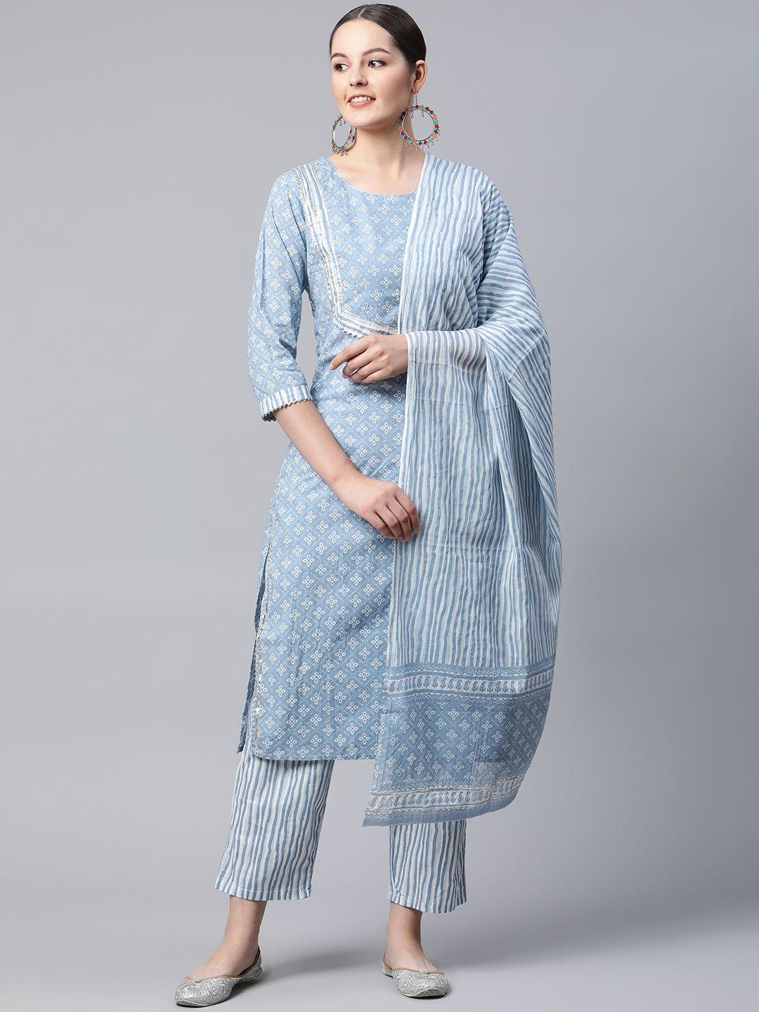 meera fab women blue ethnic motifs printed pure cotton kurta with trousers & dupatta