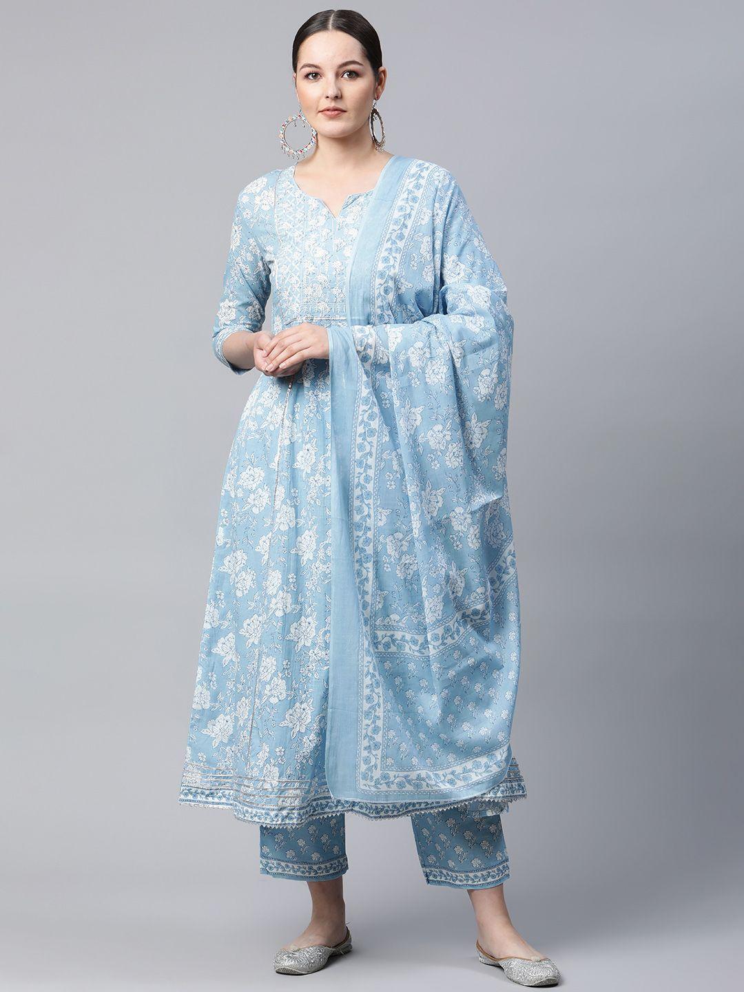 meera fab women blue floral printed pure cotton kurta with trousers & dupatta