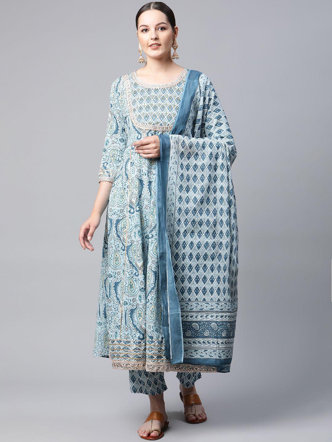 meera fab women blue paisley printed sequinned pure cotton kurta with trousers & dupatta