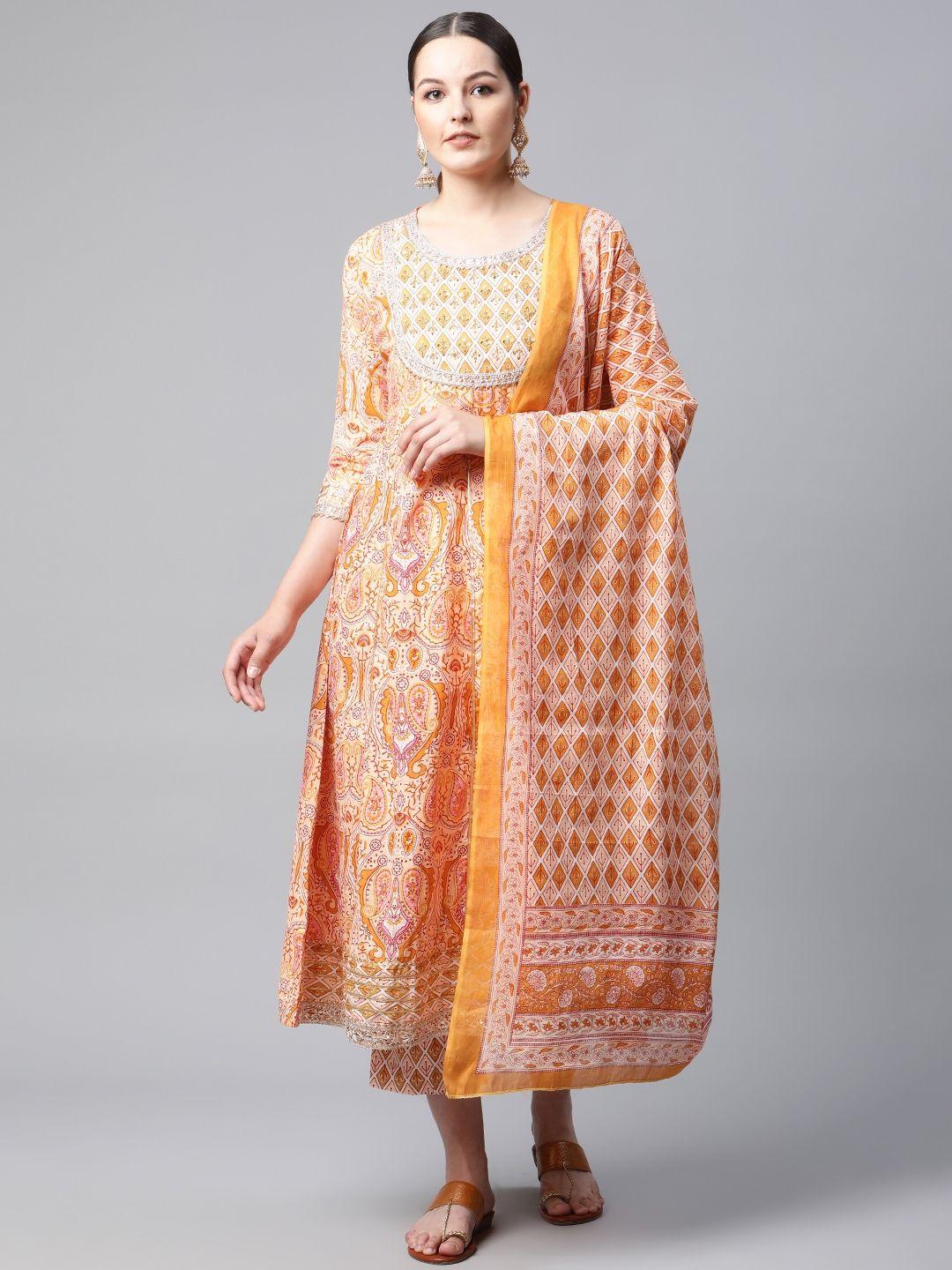 meera fab women cream-coloured & orange printed pure cotton kurta with palazzos & dupatta