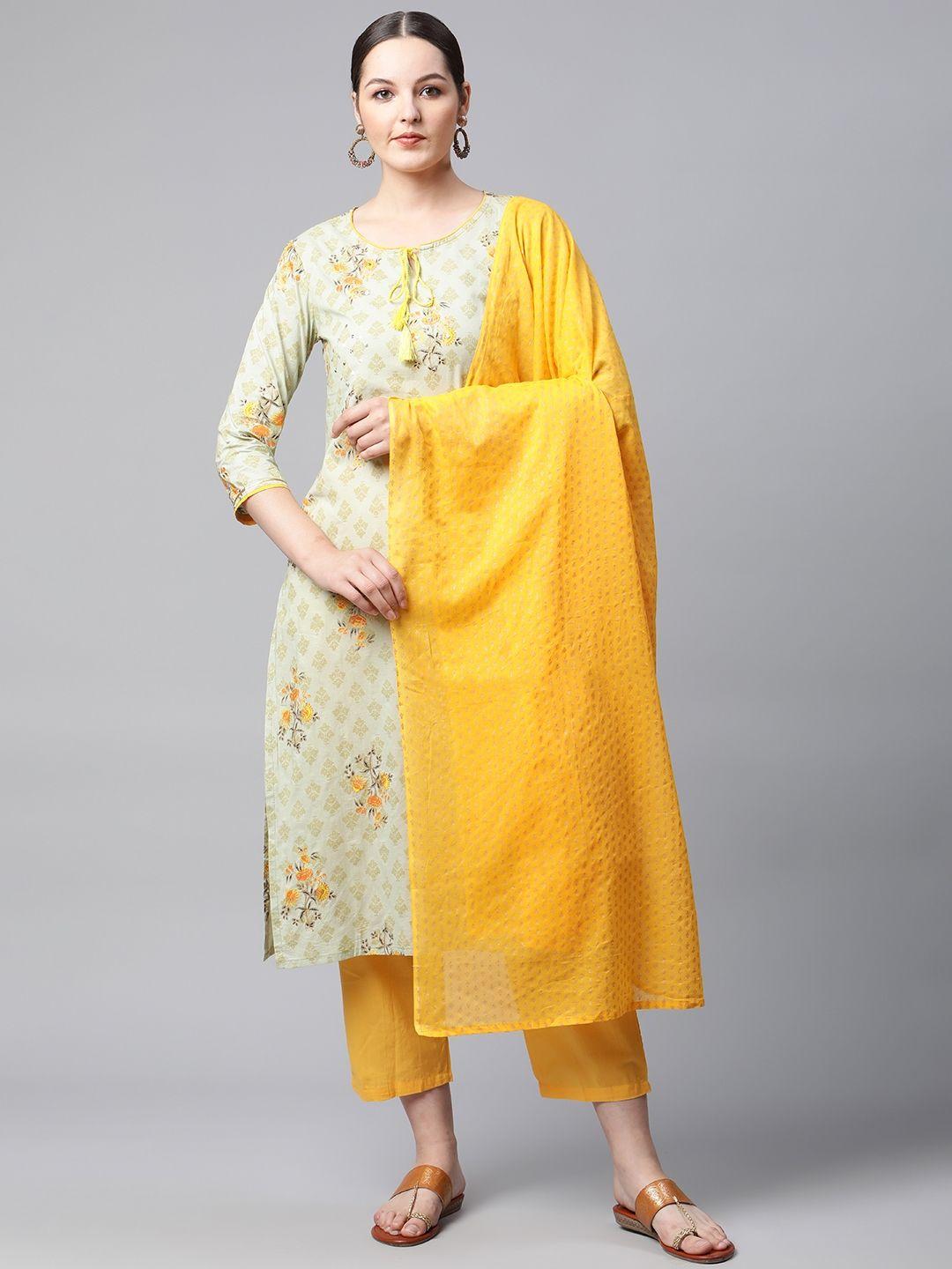 meera fab women cream-coloured & yellow printed pure cotton kurta with trousers & dupatta