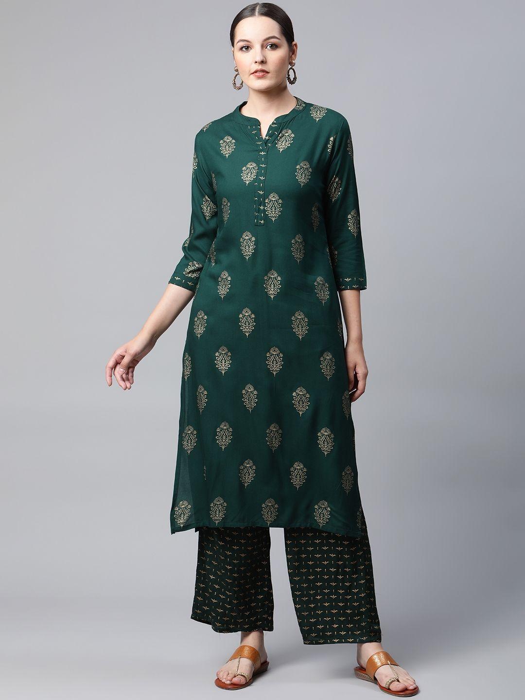 meera fab women green ethnic motifs printed kurta with palazzos
