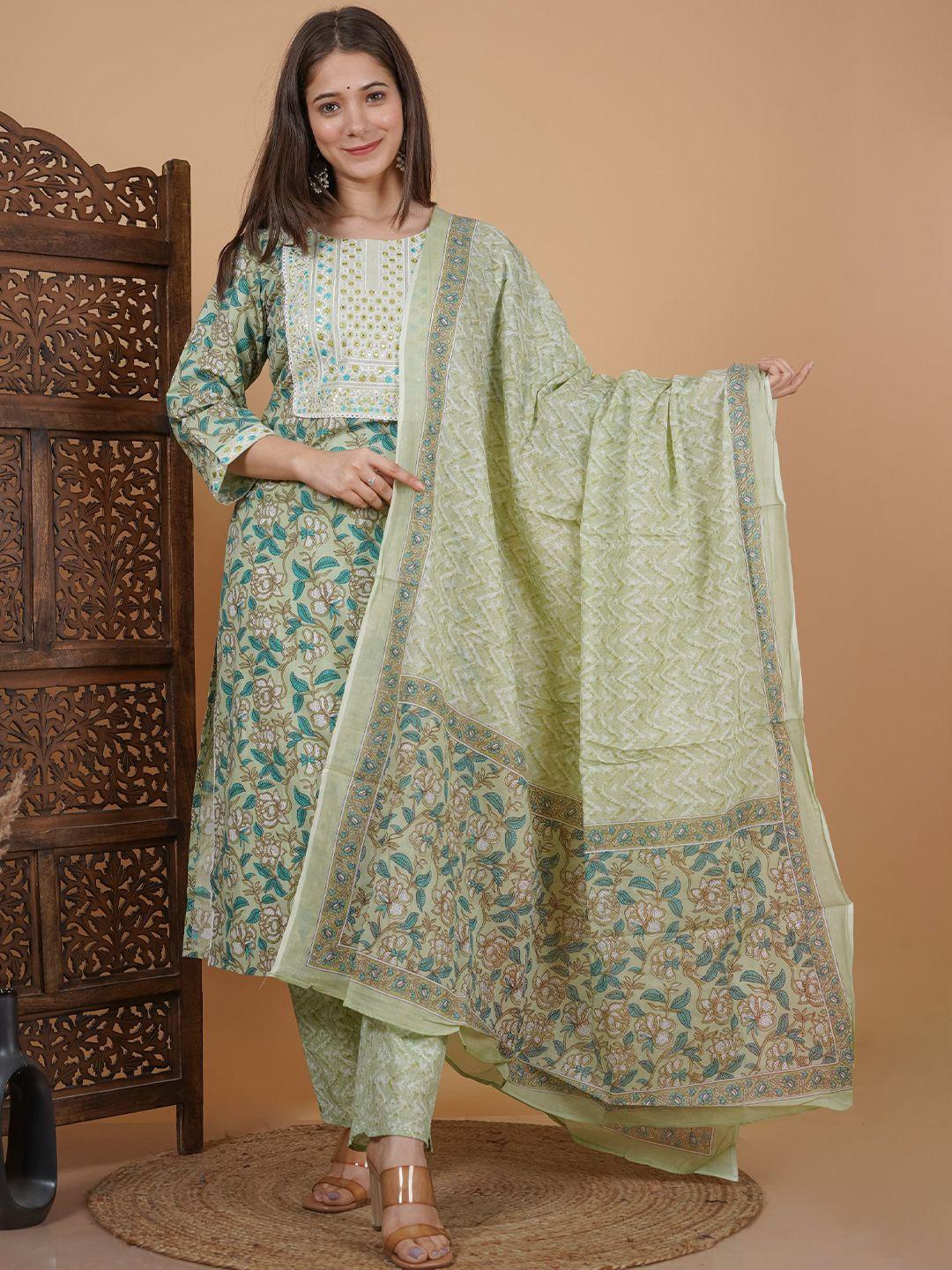 meera fab women green floral printed regular mirror work pure cotton kurta with palazzos & with dupatta