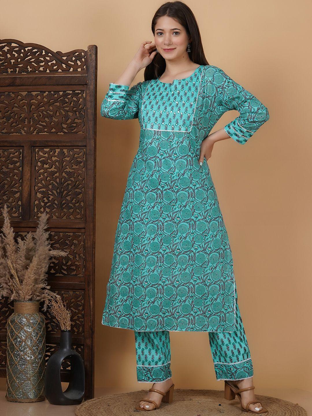 meera fab women green floral yoke design regular mirror work pure cotton kurta with palazzos & with dupatta