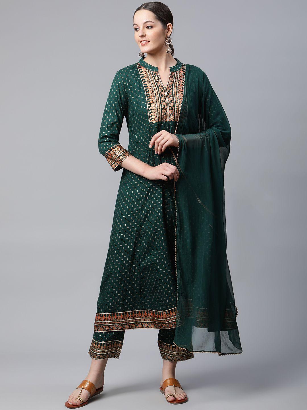 meera fab women green printed kurta with trousers & dupatta