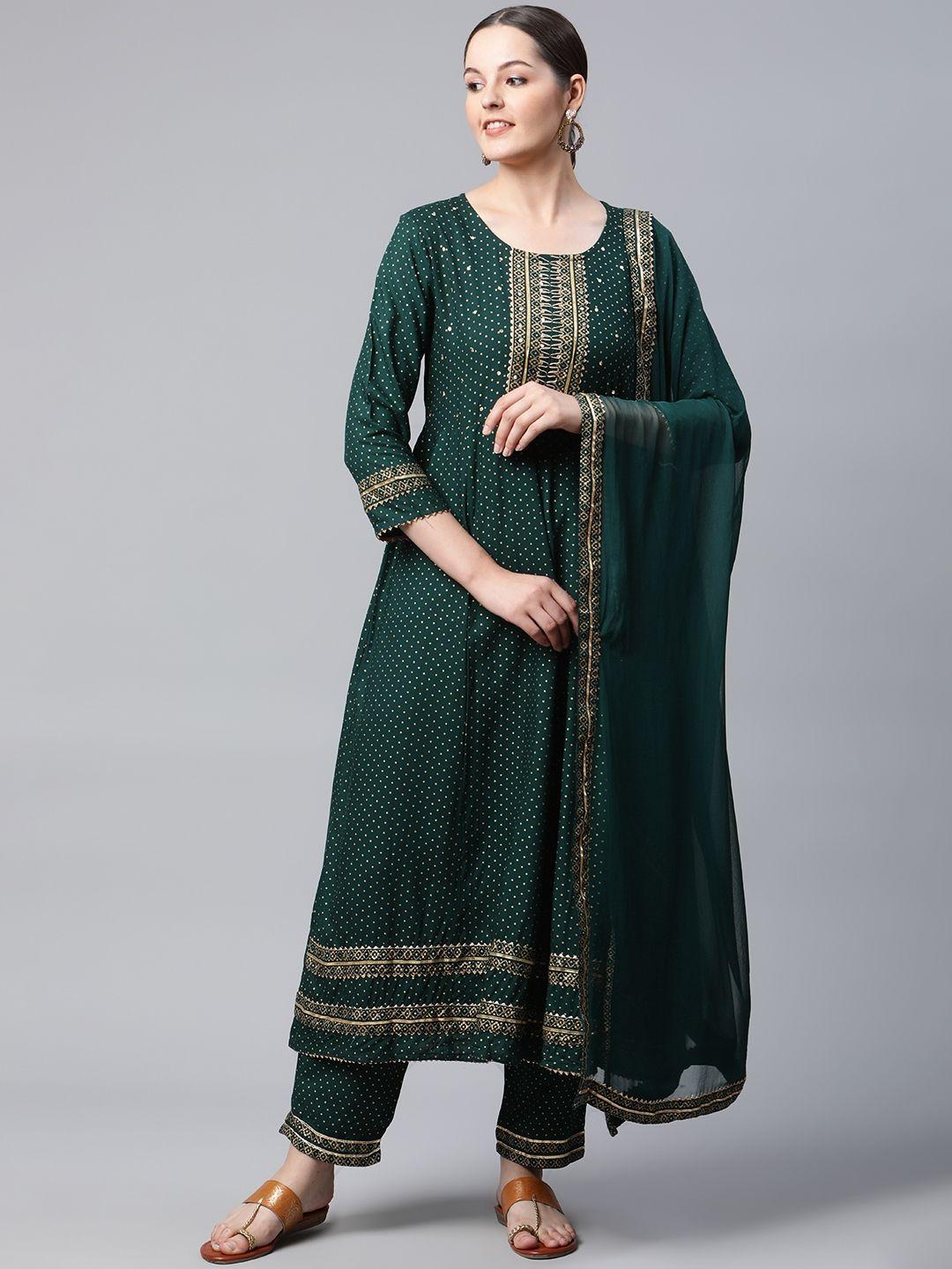 meera fab women green printed sequinned kurta with trousers & dupatta