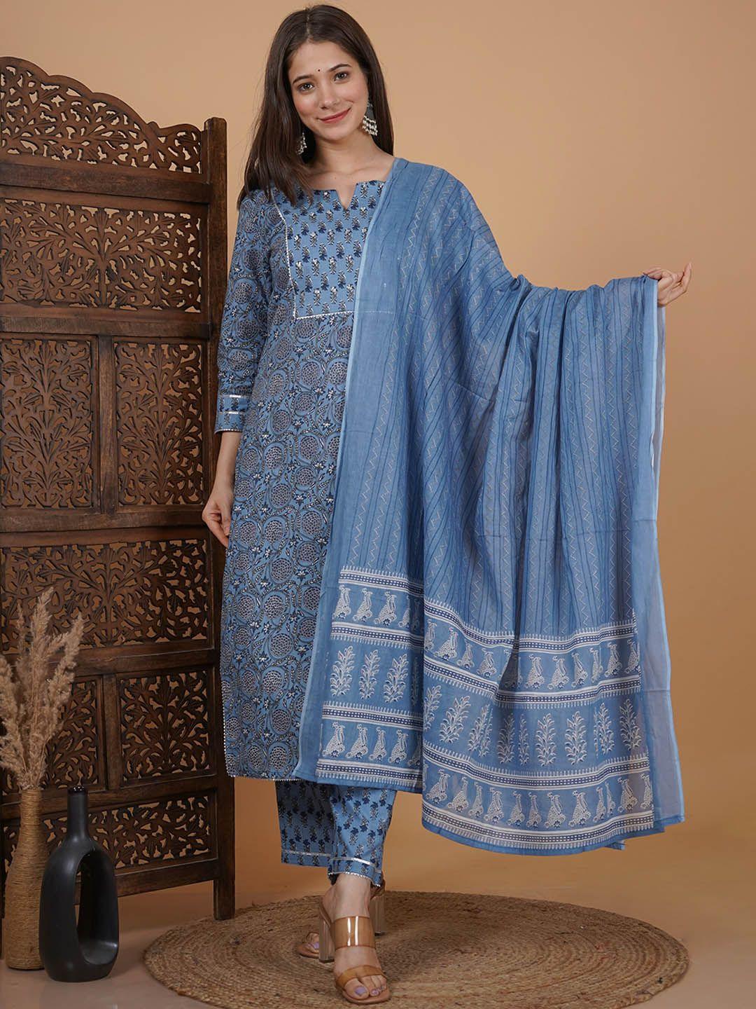 meera fab women grey floral yoke design regular mirror work pure cotton kurta with palazzos & with dupatta