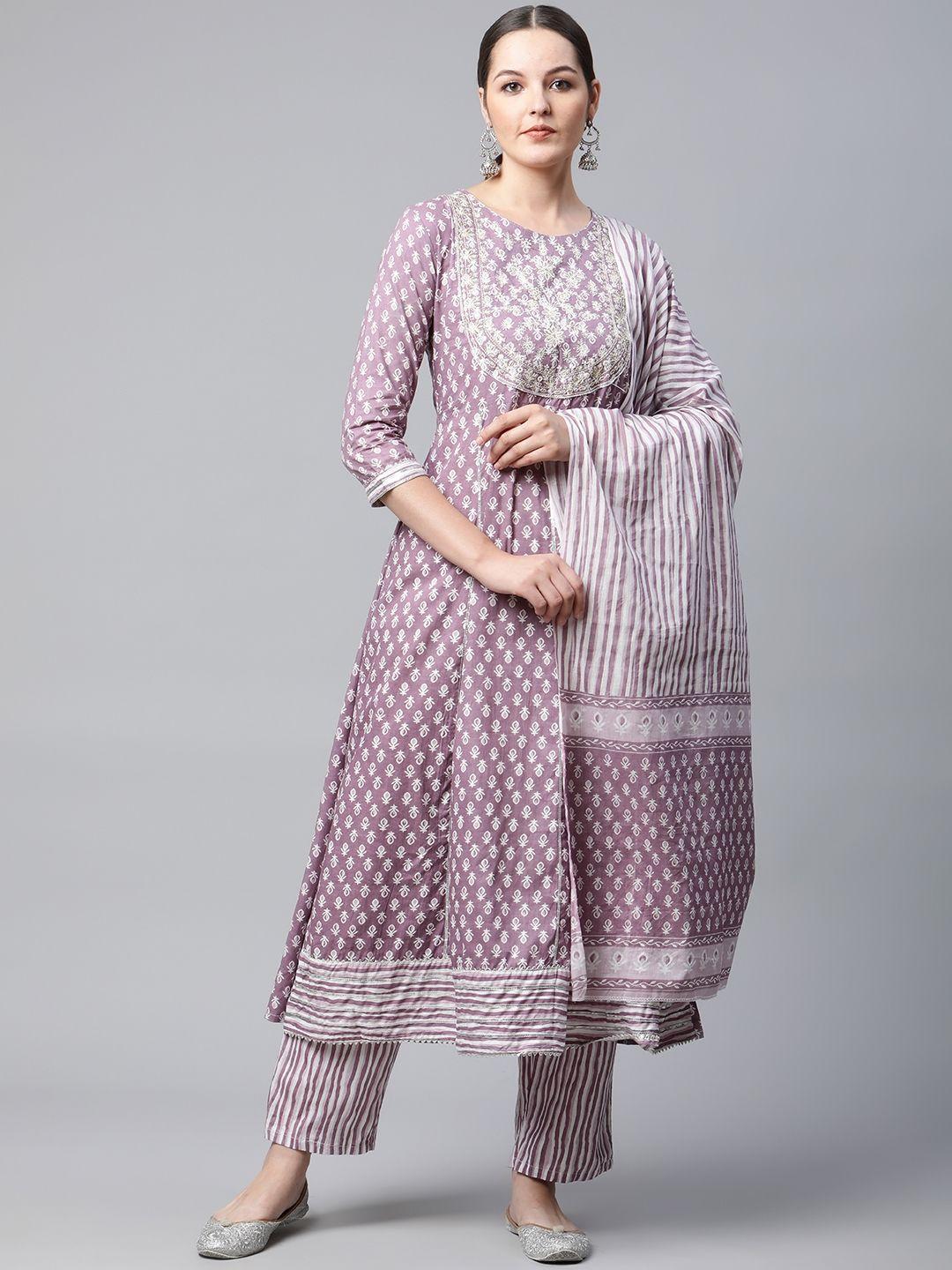 meera fab women lavender ethnic motifs printed pure cotton kurta with trousers & dupatta