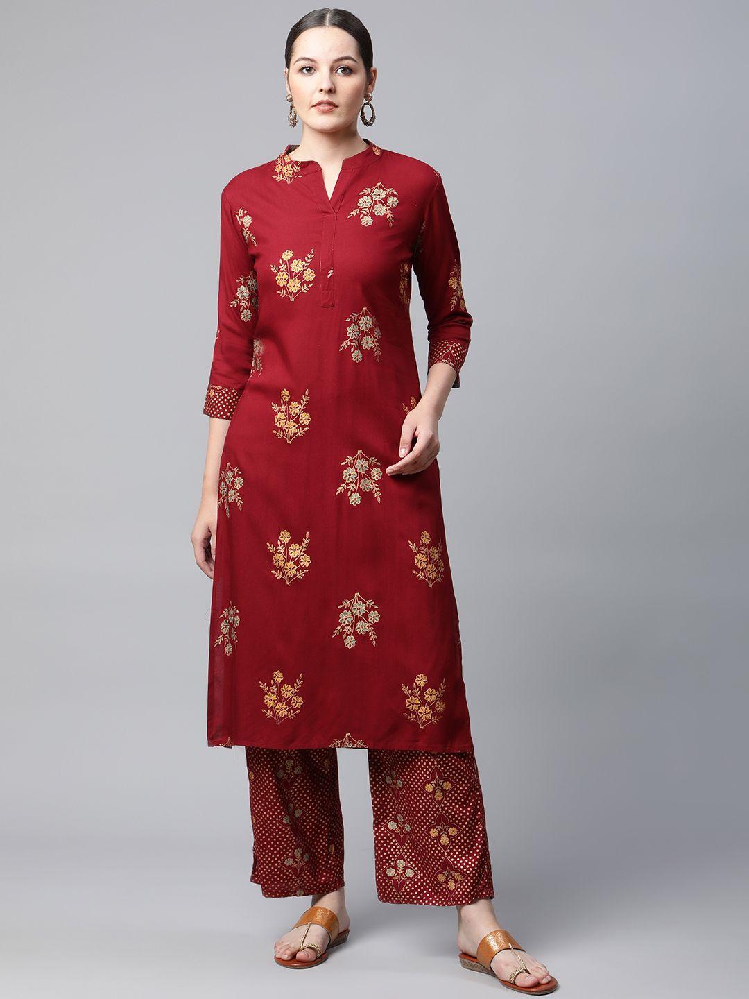 meera fab women maroon & golden ethnic motifs printed kurta with palazzos