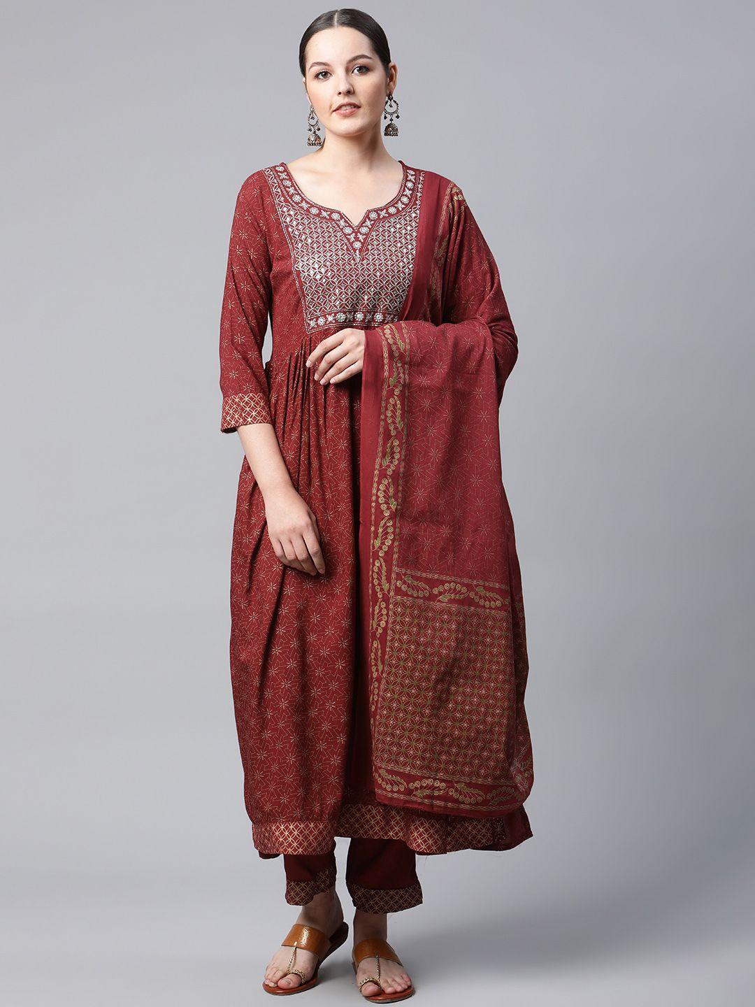 meera fab women maroon ethnic motifs printed sequinned kurta with trousers & dupatta