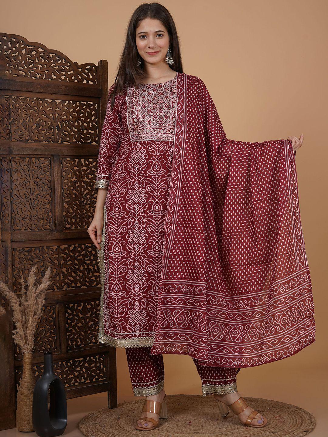 meera fab women maroon floral embroidered regular gotta patti pure cotton kurta with palazzos & with dupatta