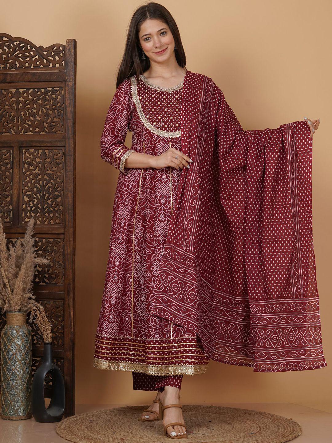meera fab women maroon floral printed regular gotta patti pure cotton kurta with palazzos & with dupatta