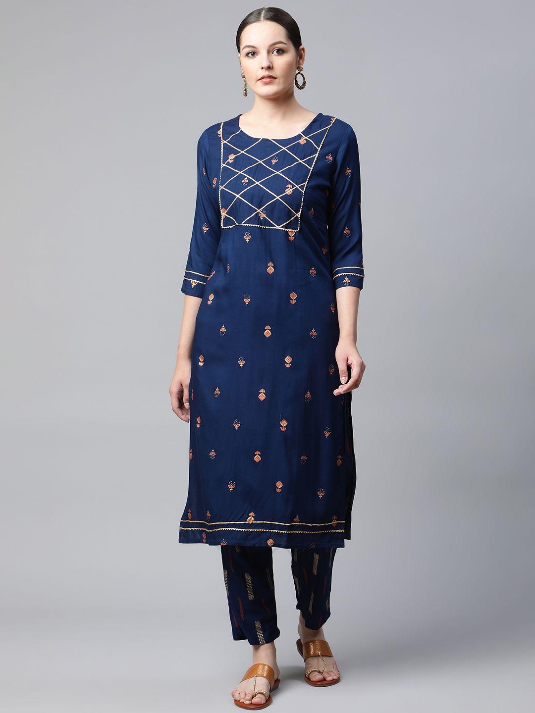 meera fab women navy blue ethnic motifs printed kurta with trousers