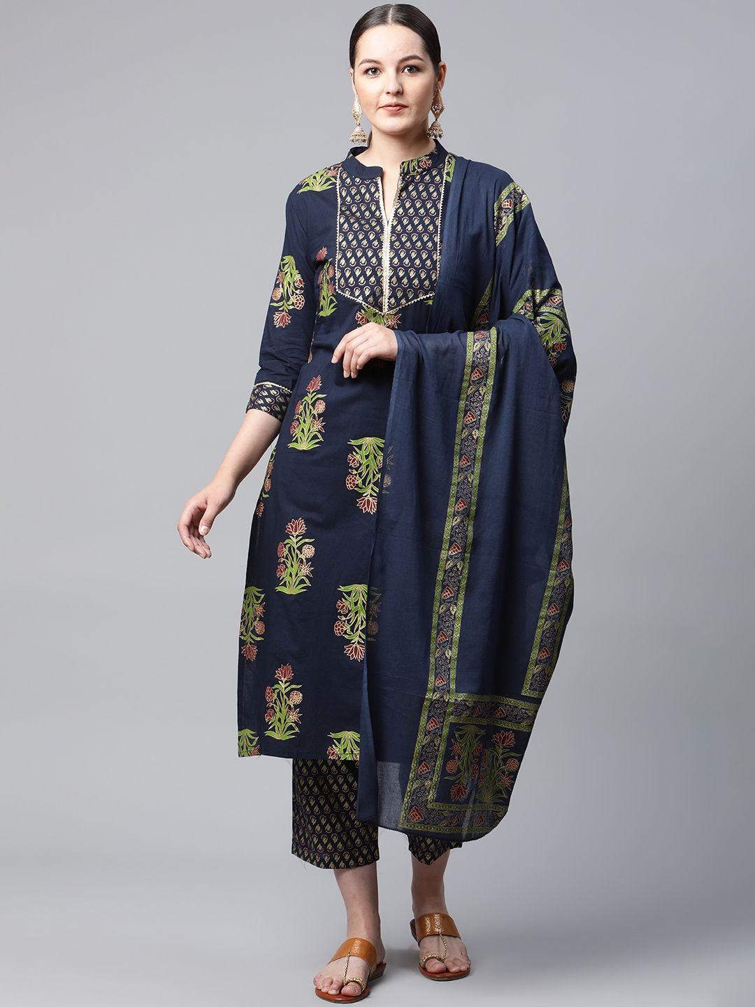 meera fab women navy blue ethnic motifs printed pure cotton kurta with palazzos & dupatta