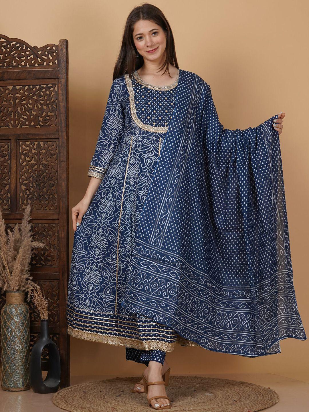 meera fab women navy blue floral printed regular gotta patti pure cotton kurta with palazzos & with dupatta