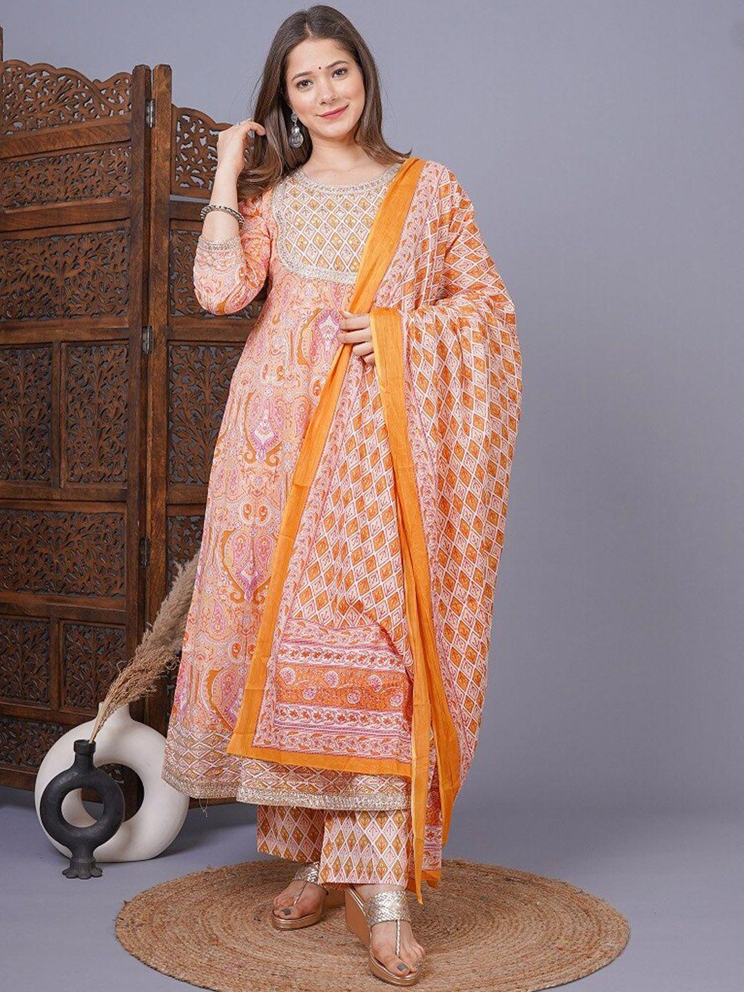 meera fab women orange pleated beads and stones pure cotton kurta with trousers & with dupatta