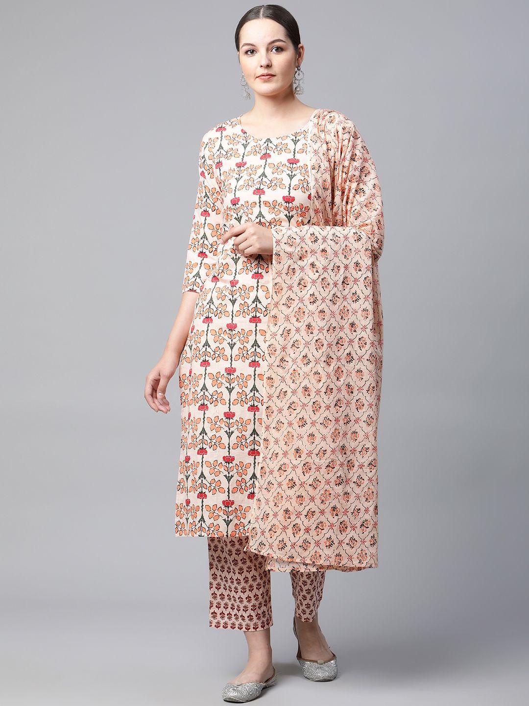 meera fab women peach-coloured ethnic printed pure cotton kurta with trousers & dupatta