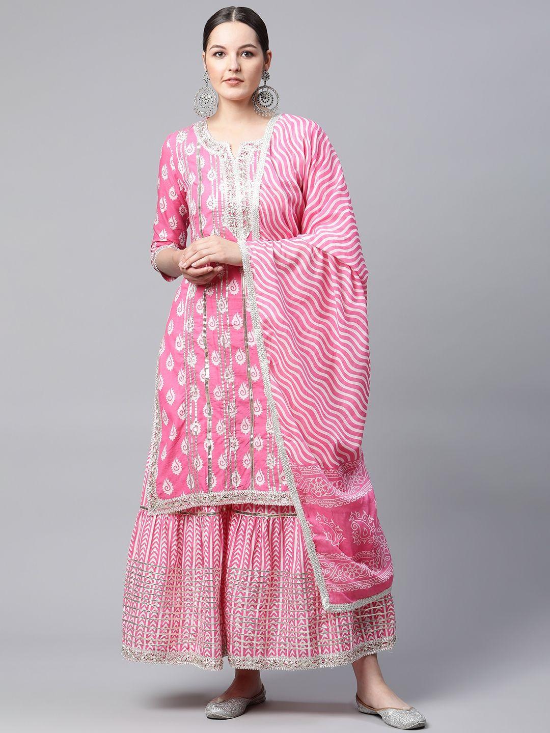 meera fab women pink ethnic motifs printed gotta patti cotton kurta with sharara & dupatta
