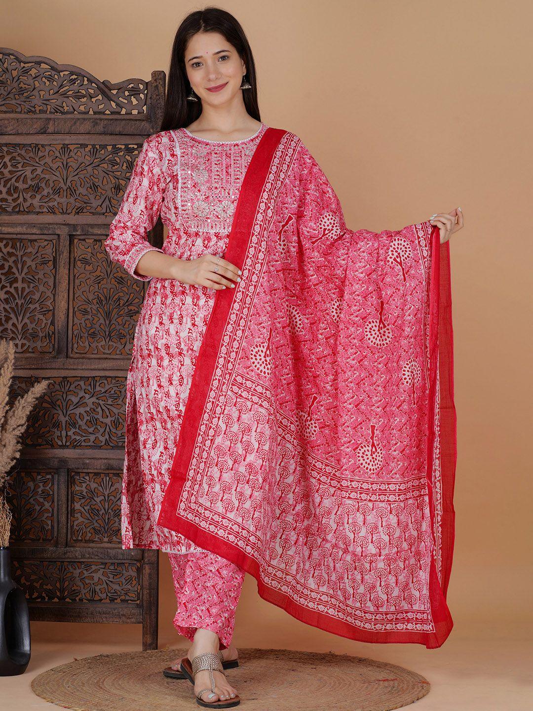 meera fab women pink floral printed regular pure cotton kurta with palazzos & with dupatta