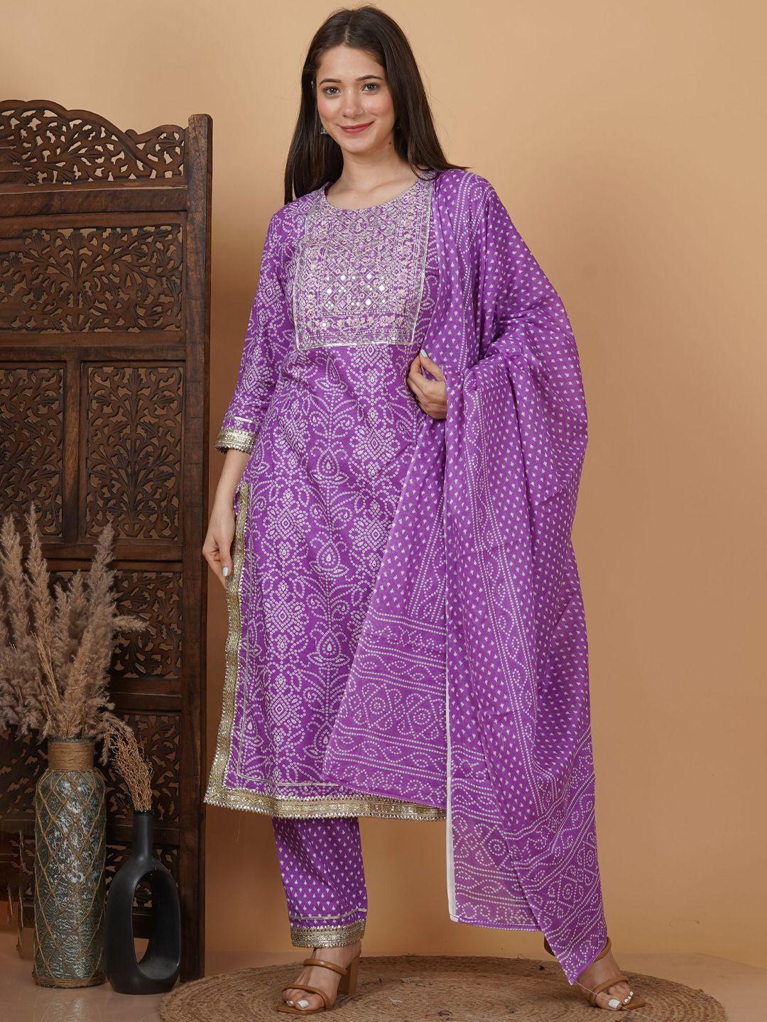 meera fab women purple floral embroidered regular gotta patti pure cotton kurta with palazzos & with dupatta