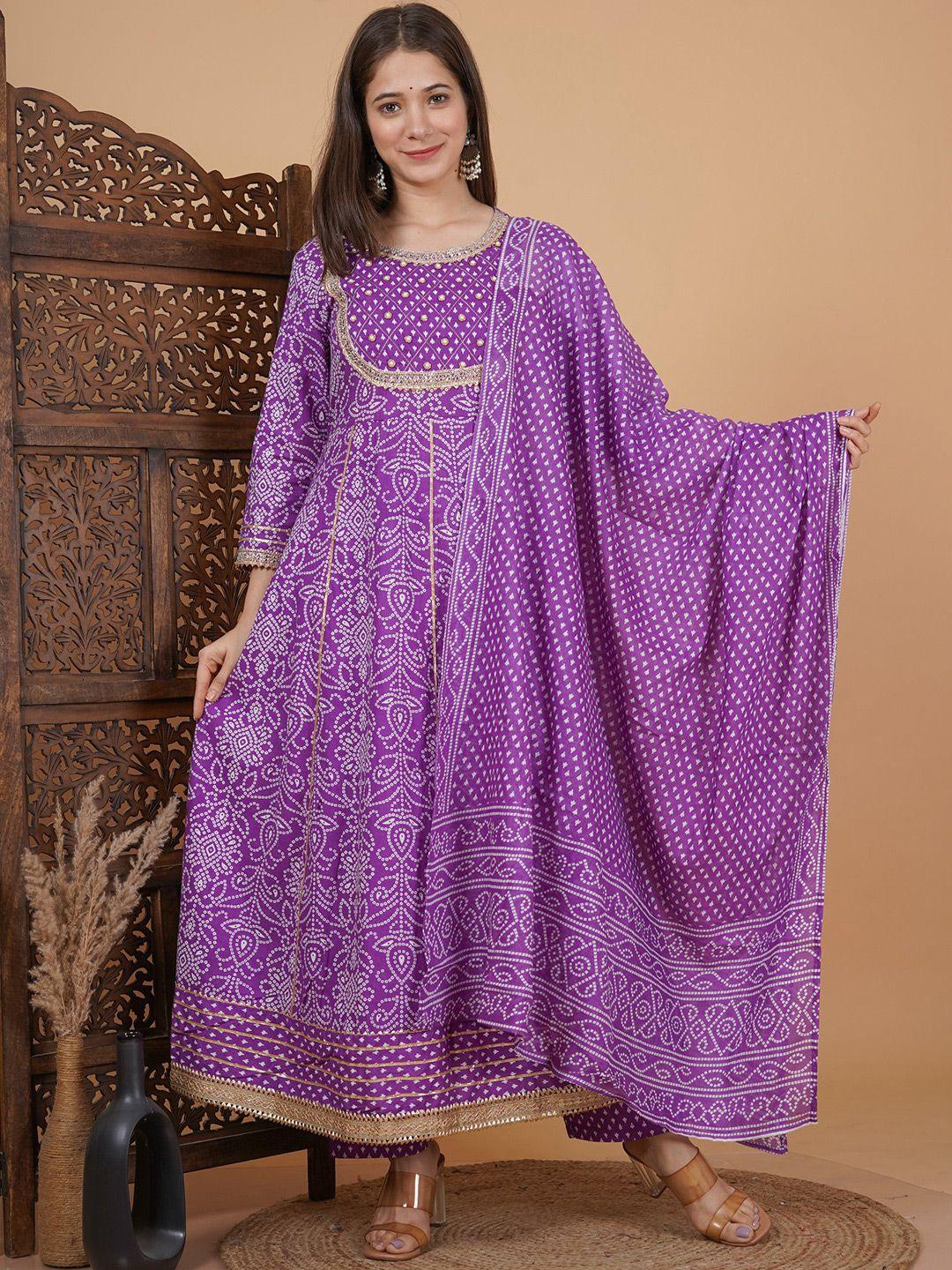 meera fab women purple floral printed regular gotta patti pure cotton kurta with palazzos & with dupatta