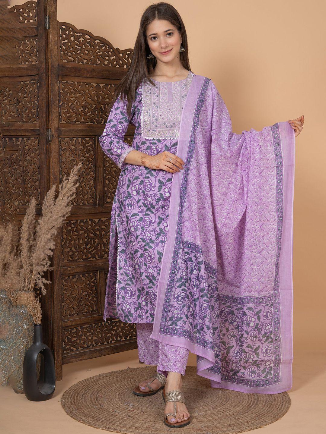 meera fab women purple floral printed regular mirror work pure cotton kurta with palazzos & with dupatta