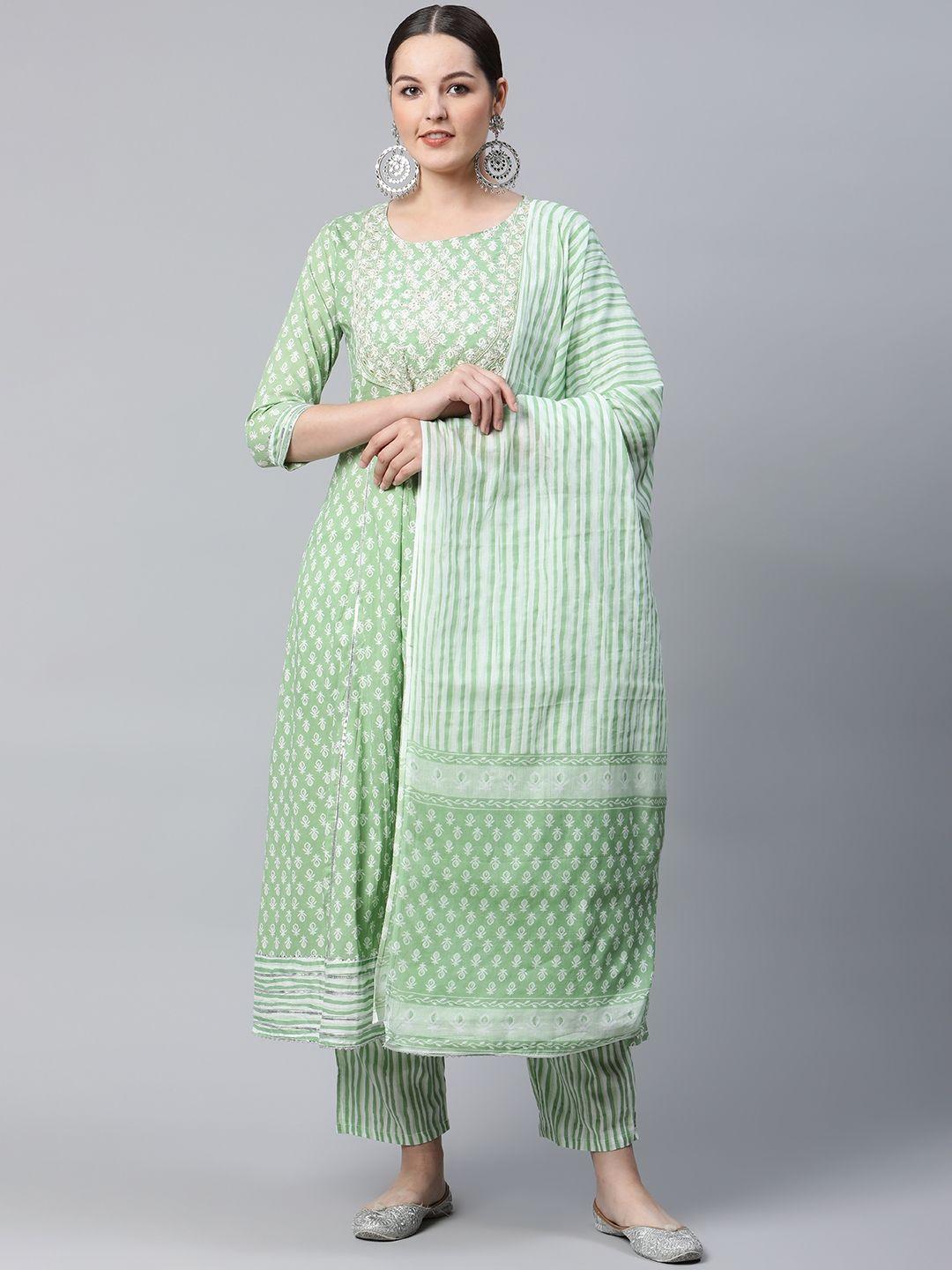 meera fab women sea green ethnic motifs printed pure cotton kurta with palazzos & dupatta