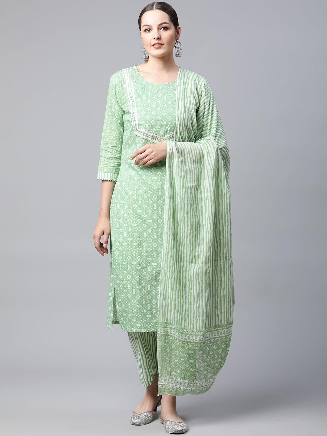 meera fab women sea green ethnic motifs printed pure cotton kurta with trousers & dupatta