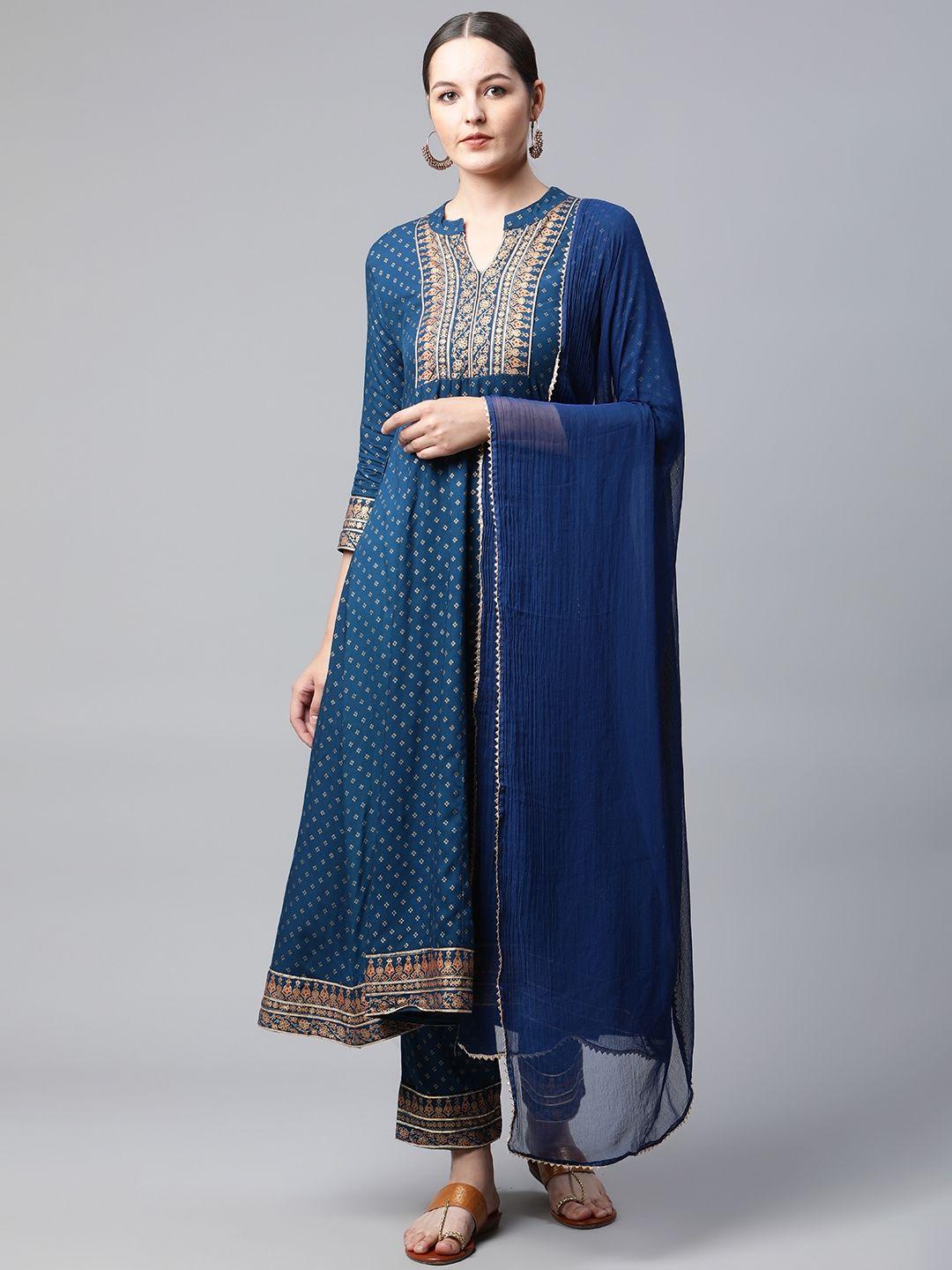meera fab women teal blue ethnic motifs printed kurta with palazzos & dupatta