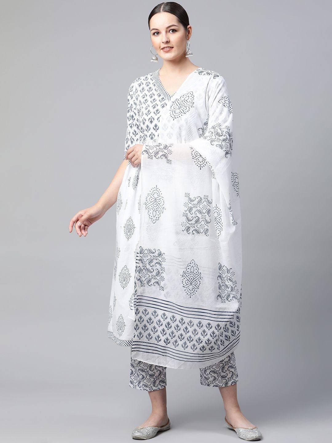 meera fab women white & navy blue printed angrakha cotton kurta with palazzos & dupatta