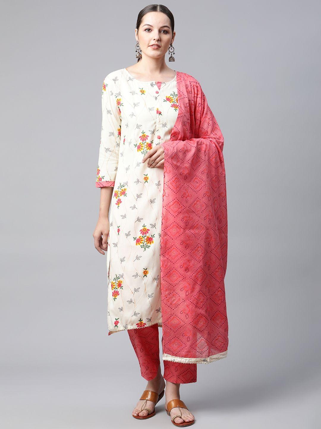 meera fab women white & pink floral sequinned pure cotton kurta with palazzos & dupatta