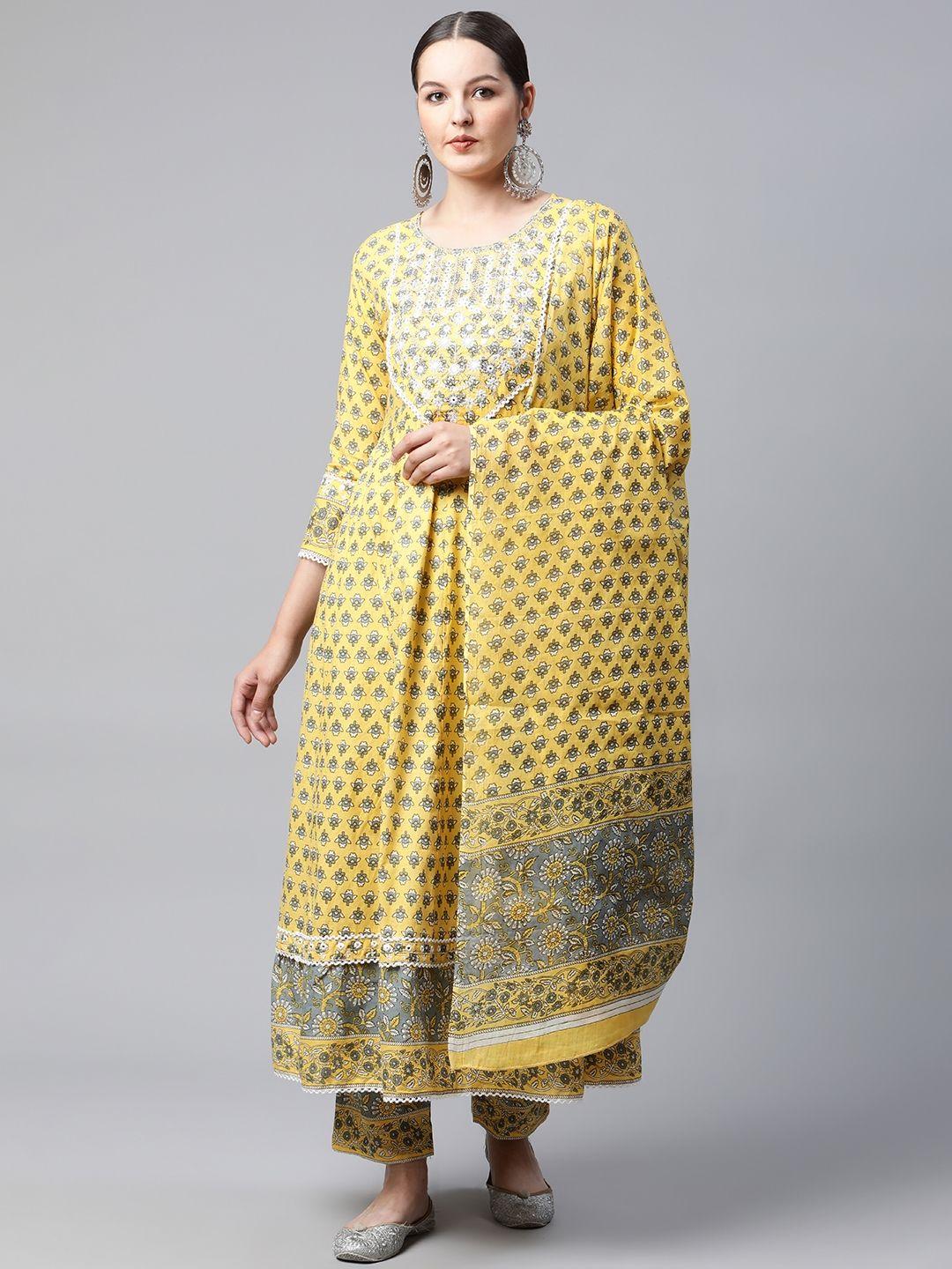 meera fab women yellow ethnic motifs printed embroidered kurta with trousers & dupatta