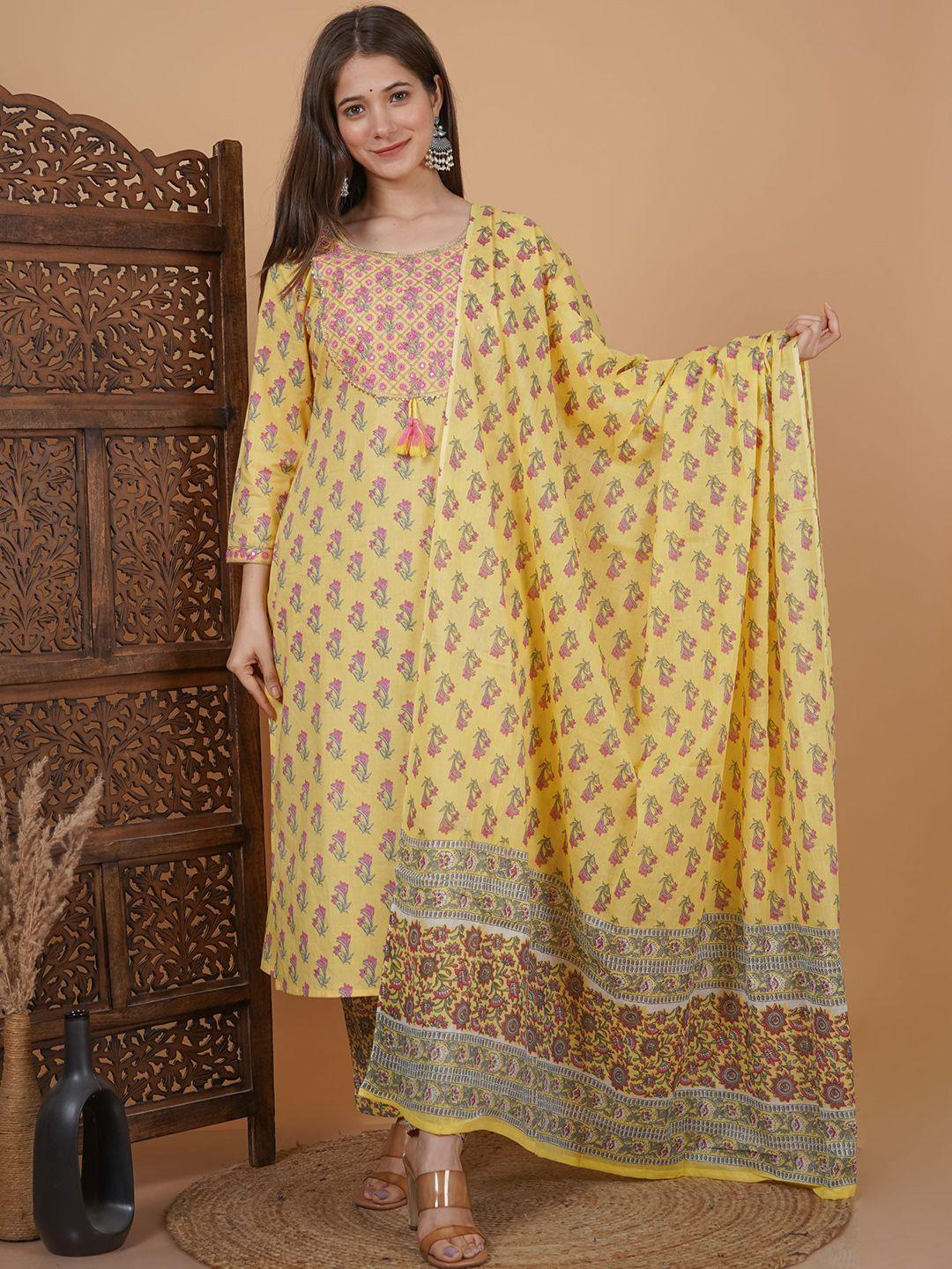 meera fab women yellow floral printed regular mirror work pure cotton kurta with palazzos & with dupatta
