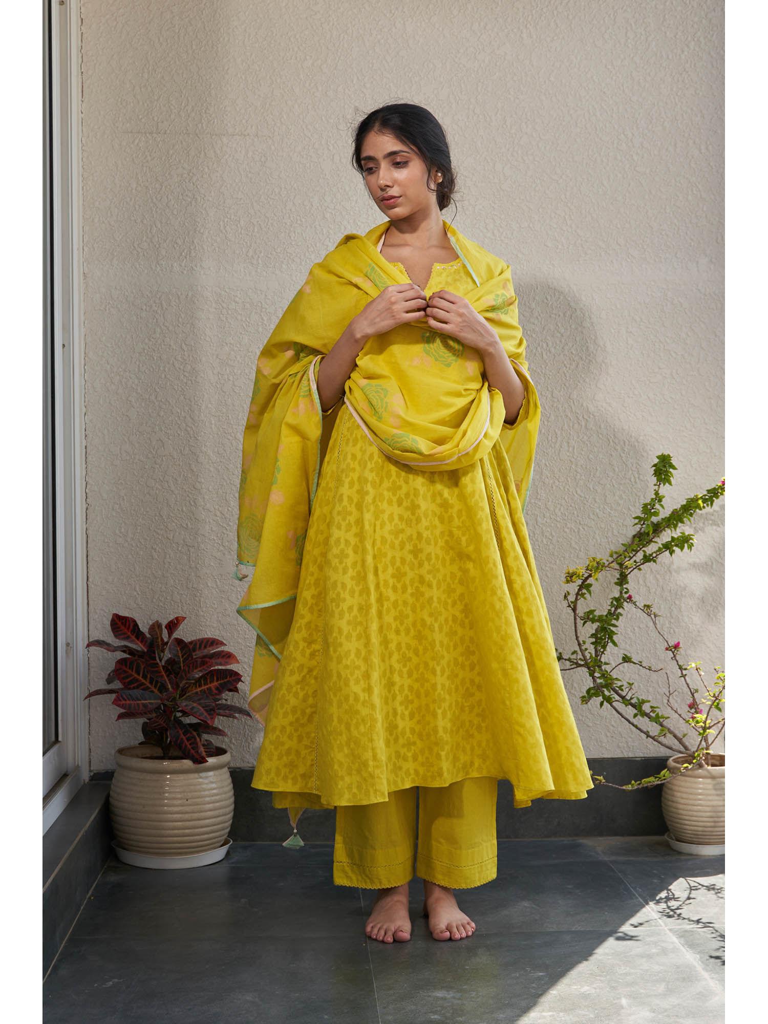 meera yellow cotton anarkali kurta with pant & dupatta (set of 3)