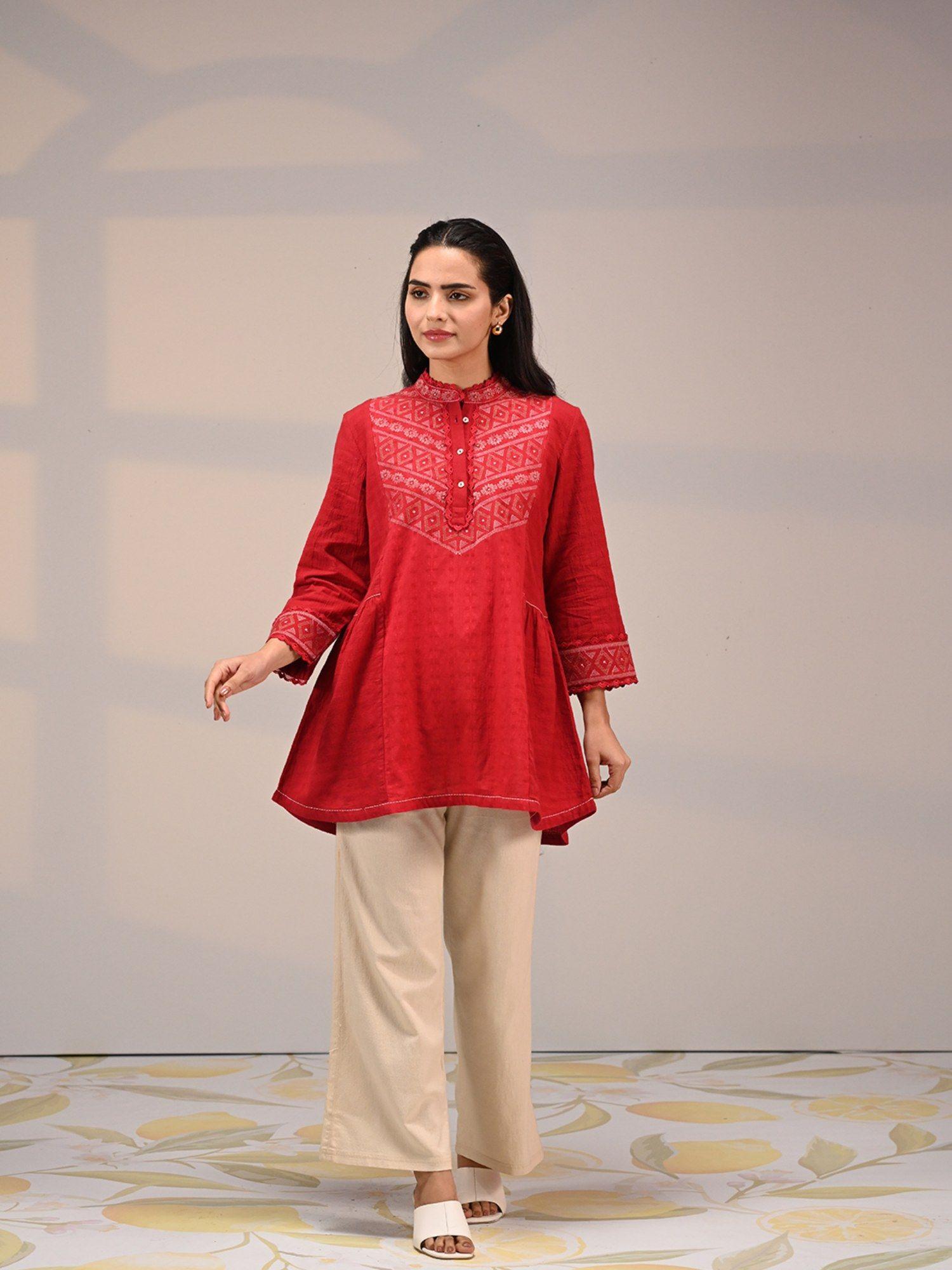 meerab red embroidered cotton top for women