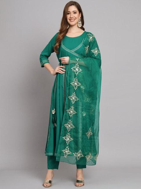 meeranshi green embellished kurta with pant & dupatta