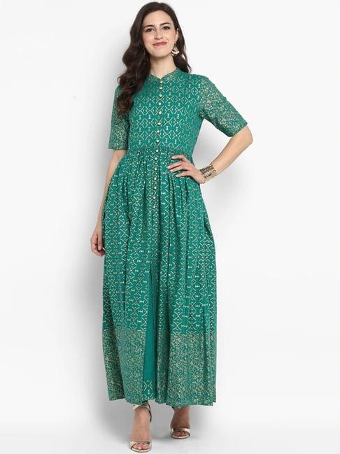 meeranshi green printed maxi dress