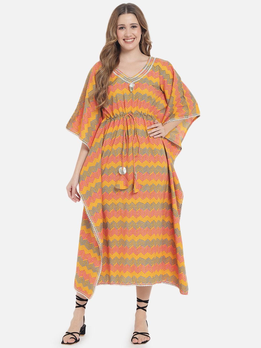 meeranshi mustard yellow & pink striped fringed kaftan cotton midi dress