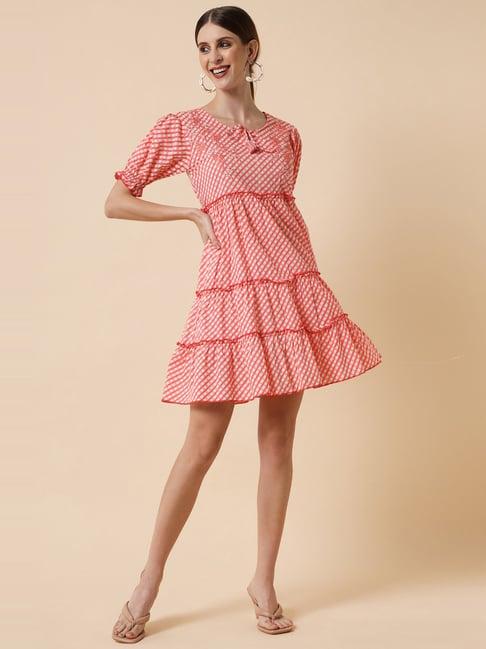 meeranshi peach printed a-line dress
