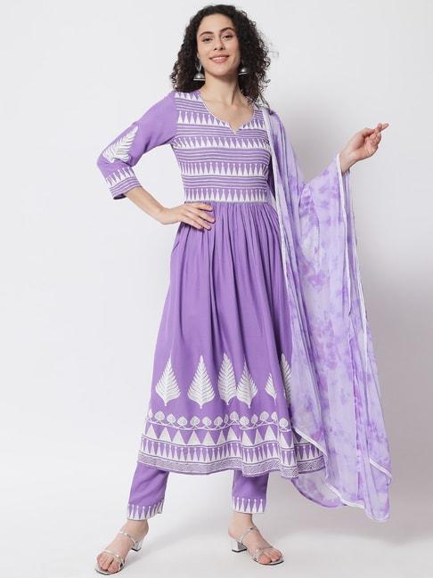 meeranshi purple embroidered kurta pant set with dupatta