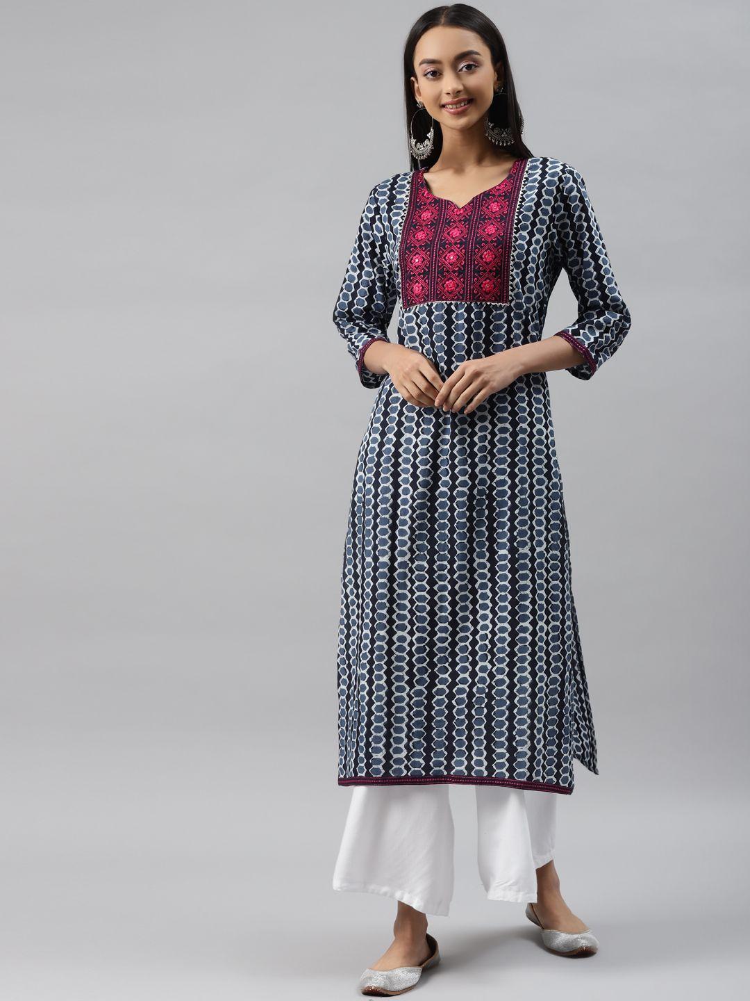meeranshi women navy blue & white ethnic motifs yoke design chikankari cotton kurta