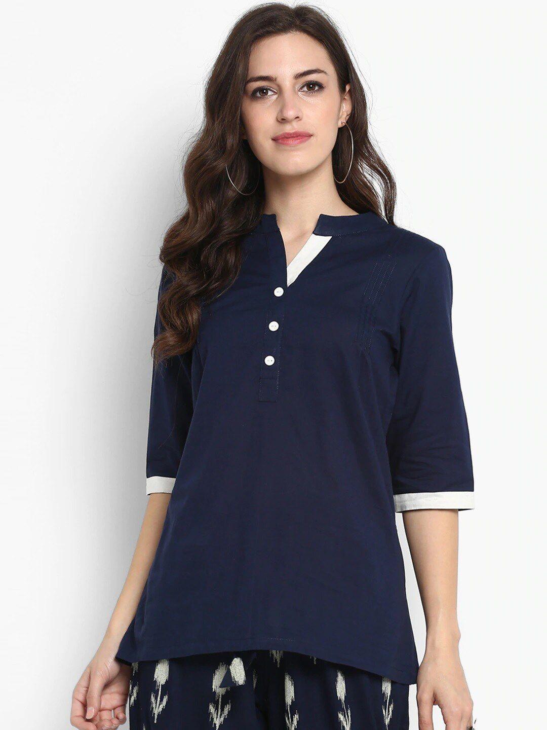 meeranshi women navy blue solid pure cotton top