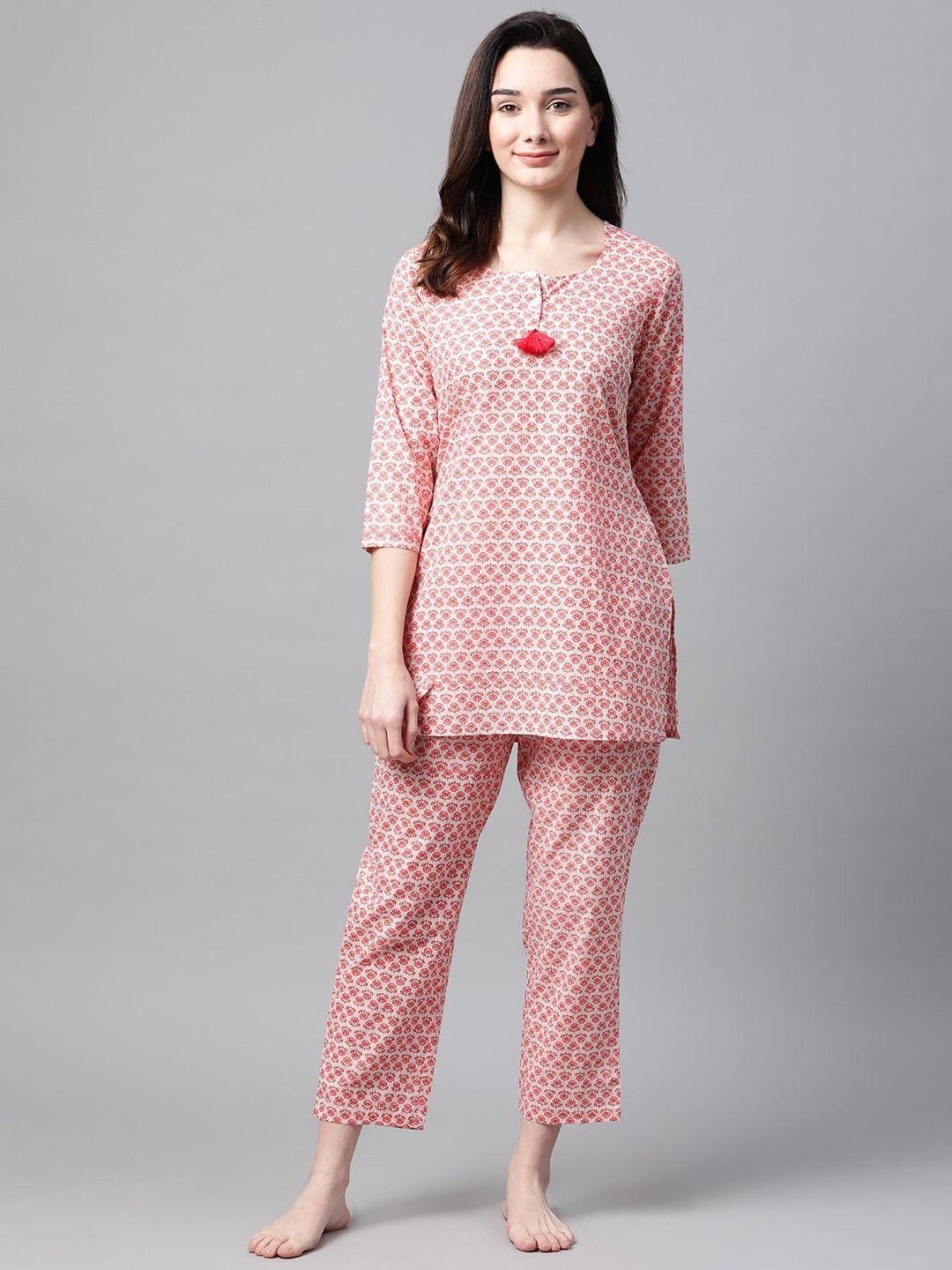 meeranshi women pink & beige floral print cotton pyjama set