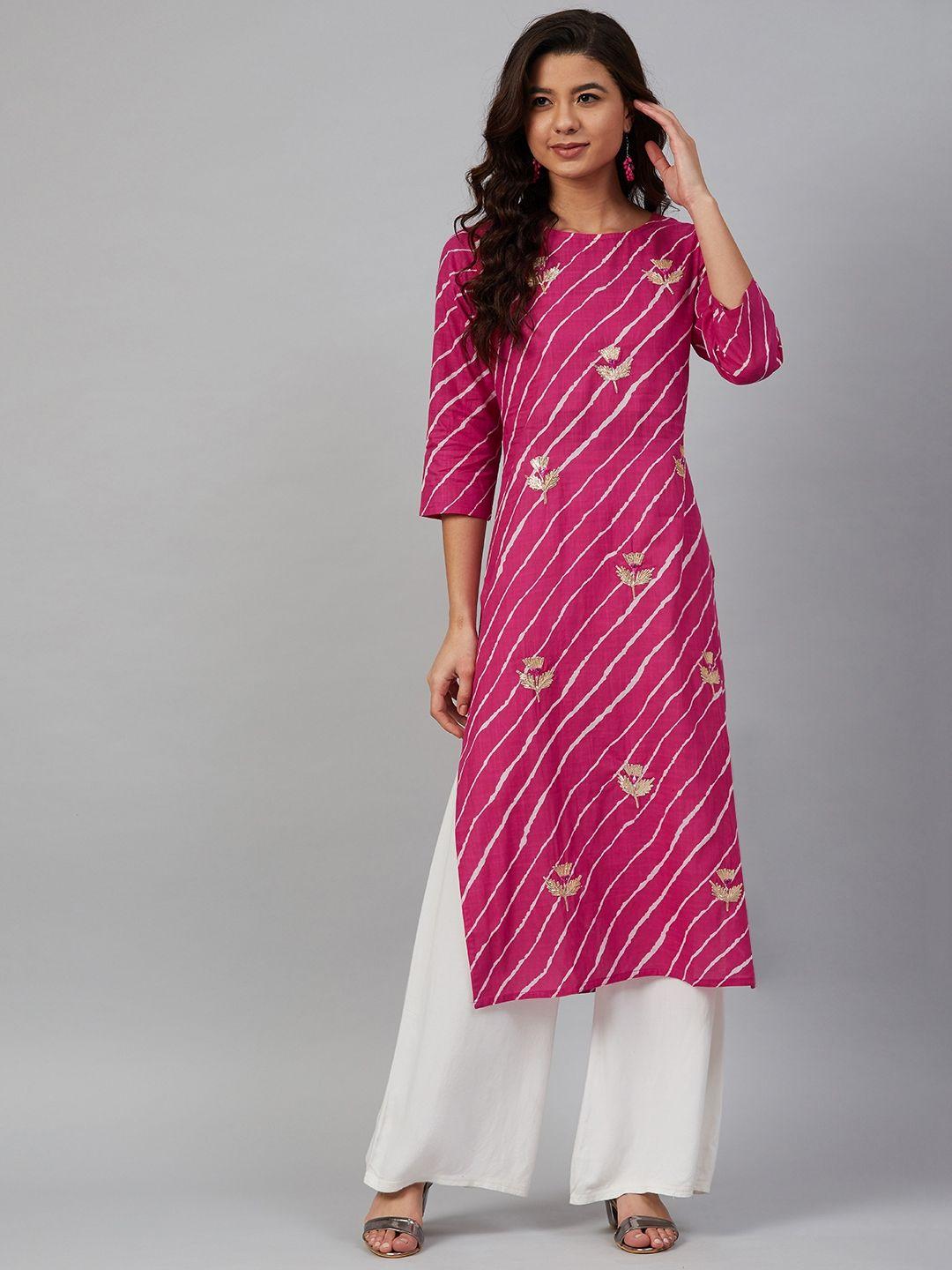 meeranshi women pink & white leheriya printed straight kurta