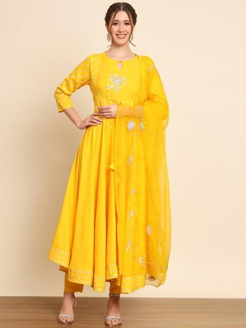 meeranshi yellow embroidered kurta with pant & dupatta